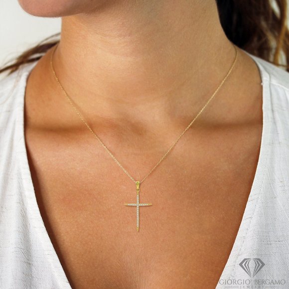 925 Sterling Silver Gold Plated Micro Pave Cross Pendant Necklace Cubic Zirconia - Picture 2 of 3